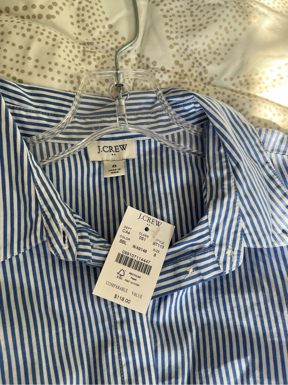 J. Crew Blue and White Striped Puff-Sleeve Shirt Dress with Drawstring - Picture 8 of 11